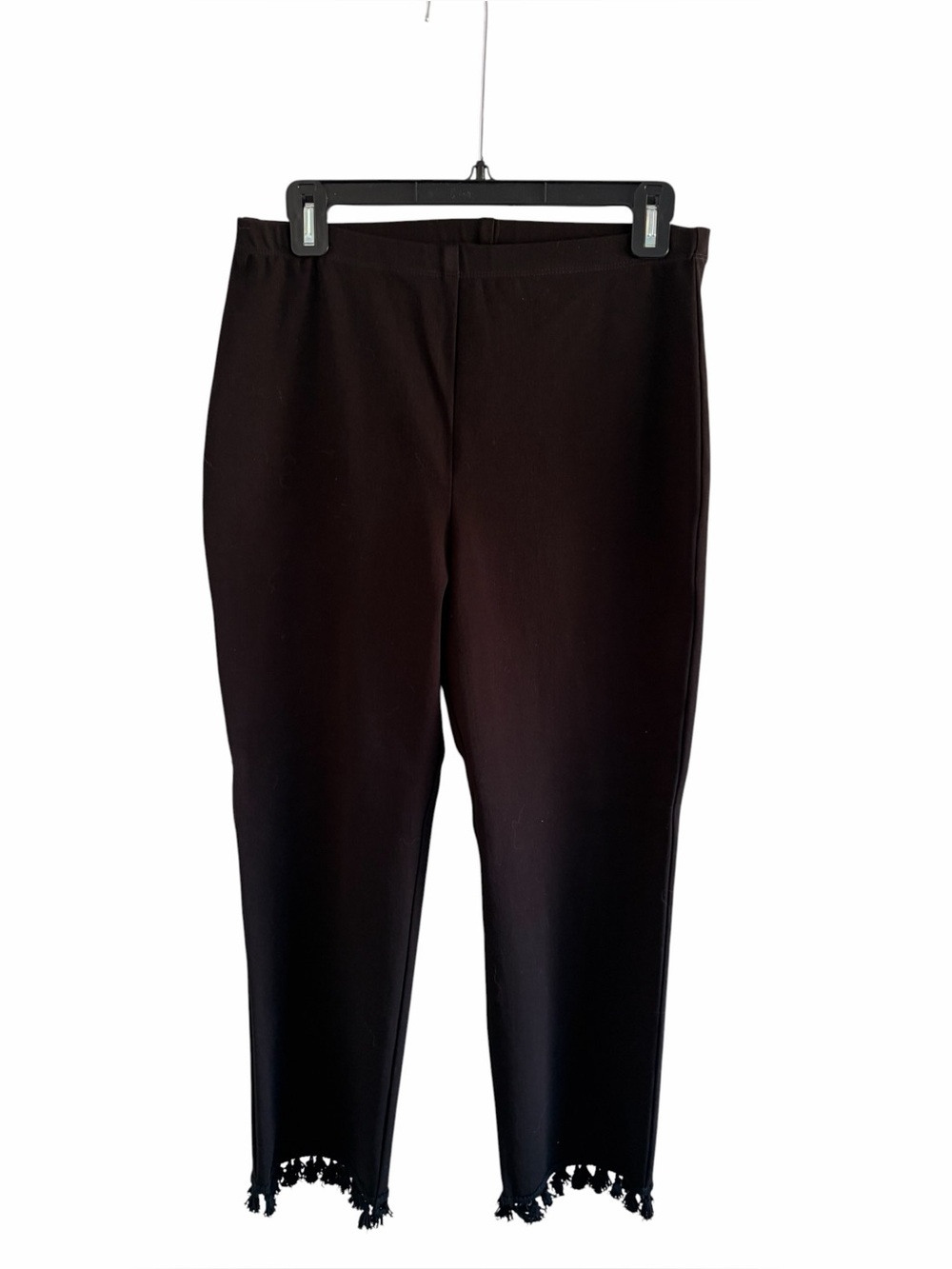 Karen Kane black high waist pull on cropped pant with cotton tassel hem